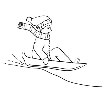 Yokuş aşağı kızakla küçük çocuk. Anahat vektör çizim.