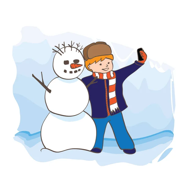 小さな男の子と自己の肖像画を作る雪だるまが ベクトル イラスト漫画 — ストックベクタ