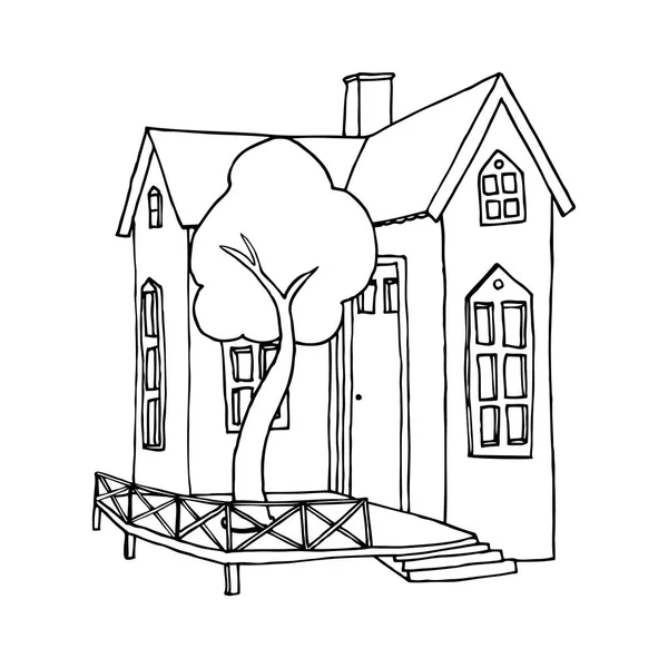 Petite Maison Avec Arbre Sur Terrasse Illustration Vectorielle Contour — Image vectorielle