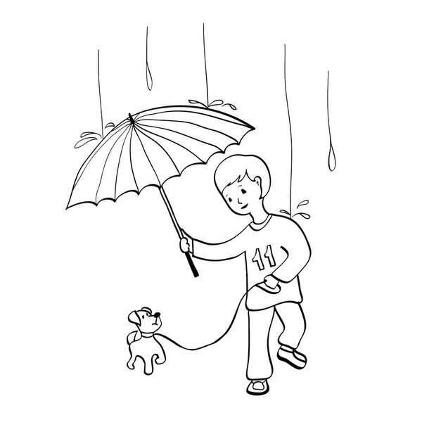 Ein Kleiner Junge Und Ein Hund Die Regen Spazieren Gehen — Stockvektor
