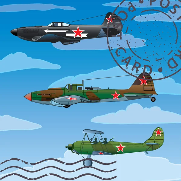 Postkarte Mit Sowjetischen Flugzeugen Auf Blauem Hintergrund — Stockvektor