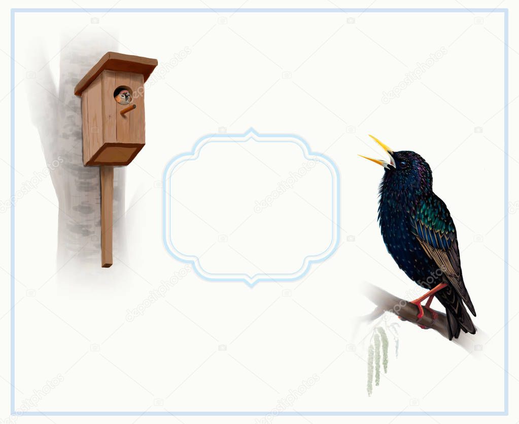 singing starling on white card background