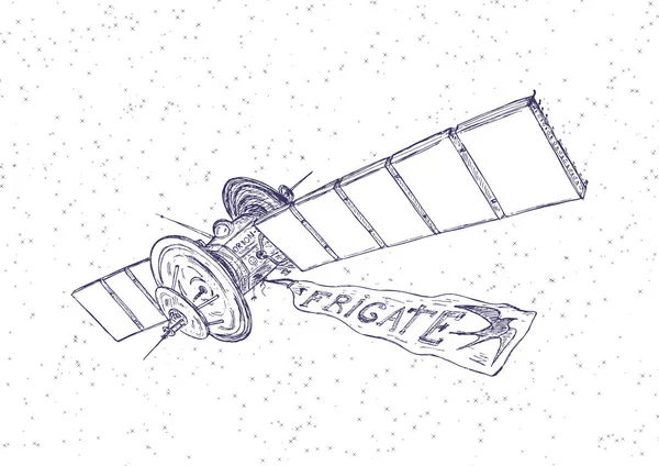 Satellit Som Flyger Genom Rymden Vit Bakgrund — Stock vektor