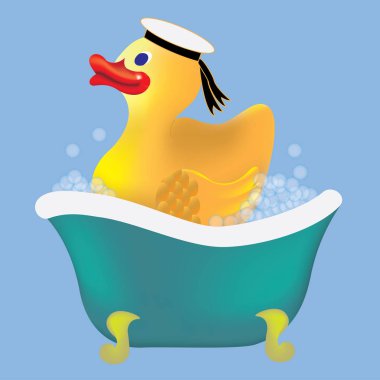 Çizgi film lastik ördek banyo banyo içinde onun şapkalı. Vektör çizim.