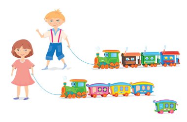 Çocuk, kız ve Oyuncak trenler, vektör çizim