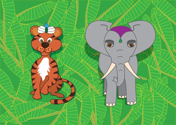 Tiger Und Elefant Auf Grünem Hintergrund — Stockvektor