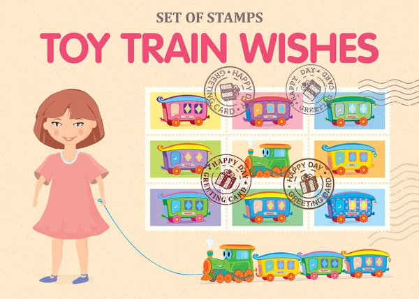 女の子とおもちゃ電車 ベクトル イラスト — ストックベクタ