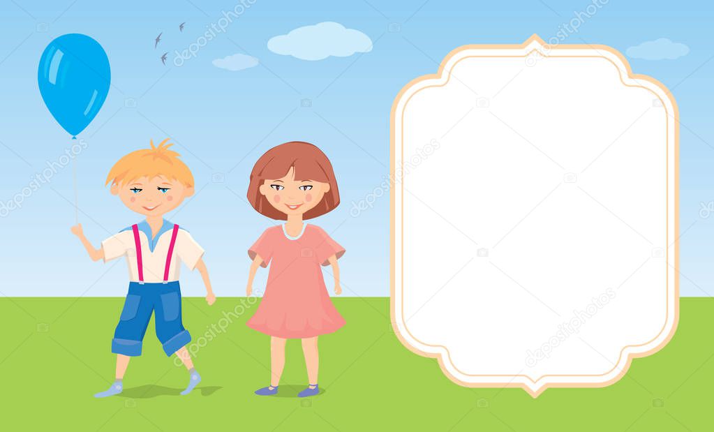 Boy, girl and  balloon. Greeting card. Vector illustration.