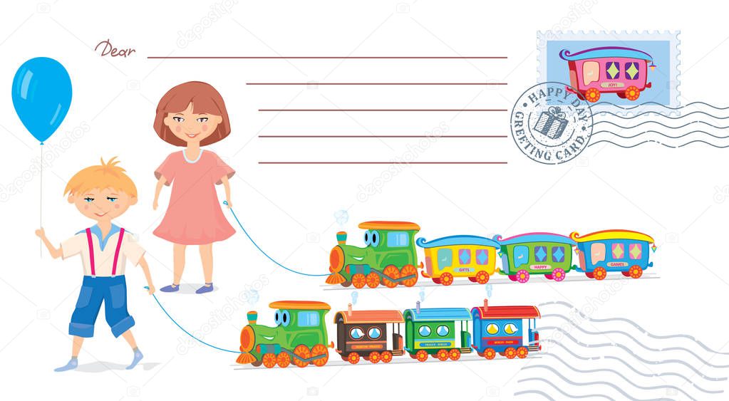 boy, girl  and toy trains, Vector illustration