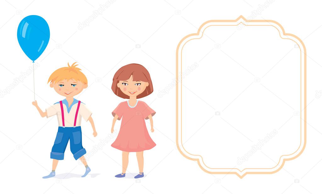 Boy, girl and  balloon. Greeting card. Vector illustration.