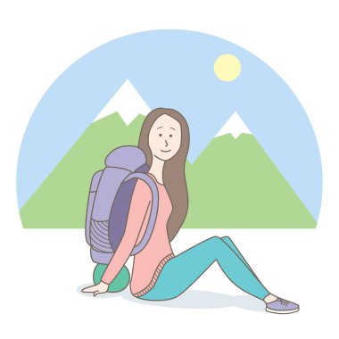 Sırt çantası sırtında Dağları arka plan ile oturan kadın gezgin ile renkli vektör çizim 