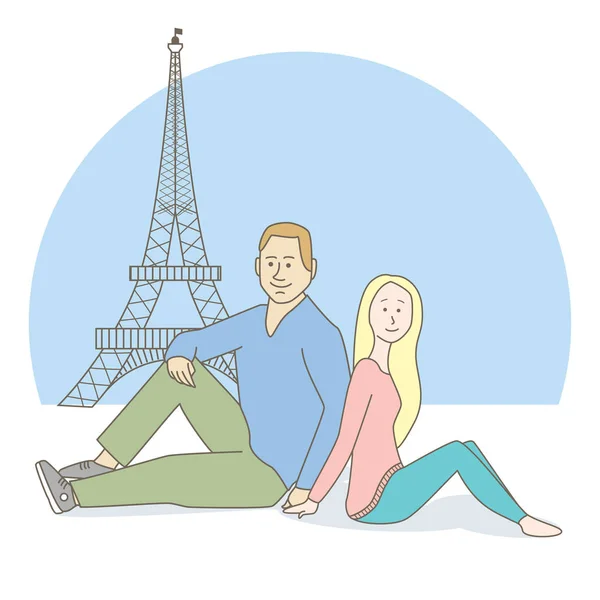 エッフェル塔を背景に座っている若いカップルとカラフルなベクトル図 — ストックベクタ