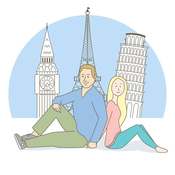 カラフルなベクトルの背景に世界の塔と座っている若いカップルのイラスト — ストックベクタ