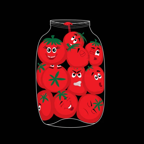 Kleurrijke Vectorillustratie Met Tomaten Stripfiguren Glazen Pot — Stockvector