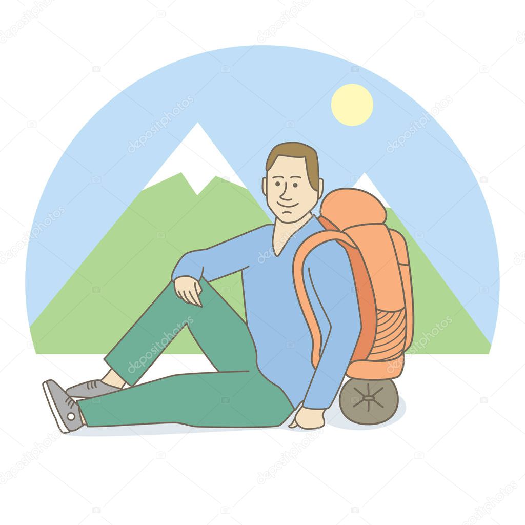 Colorful vector illustration with male traveler sitting with backpack on back, mountains background 