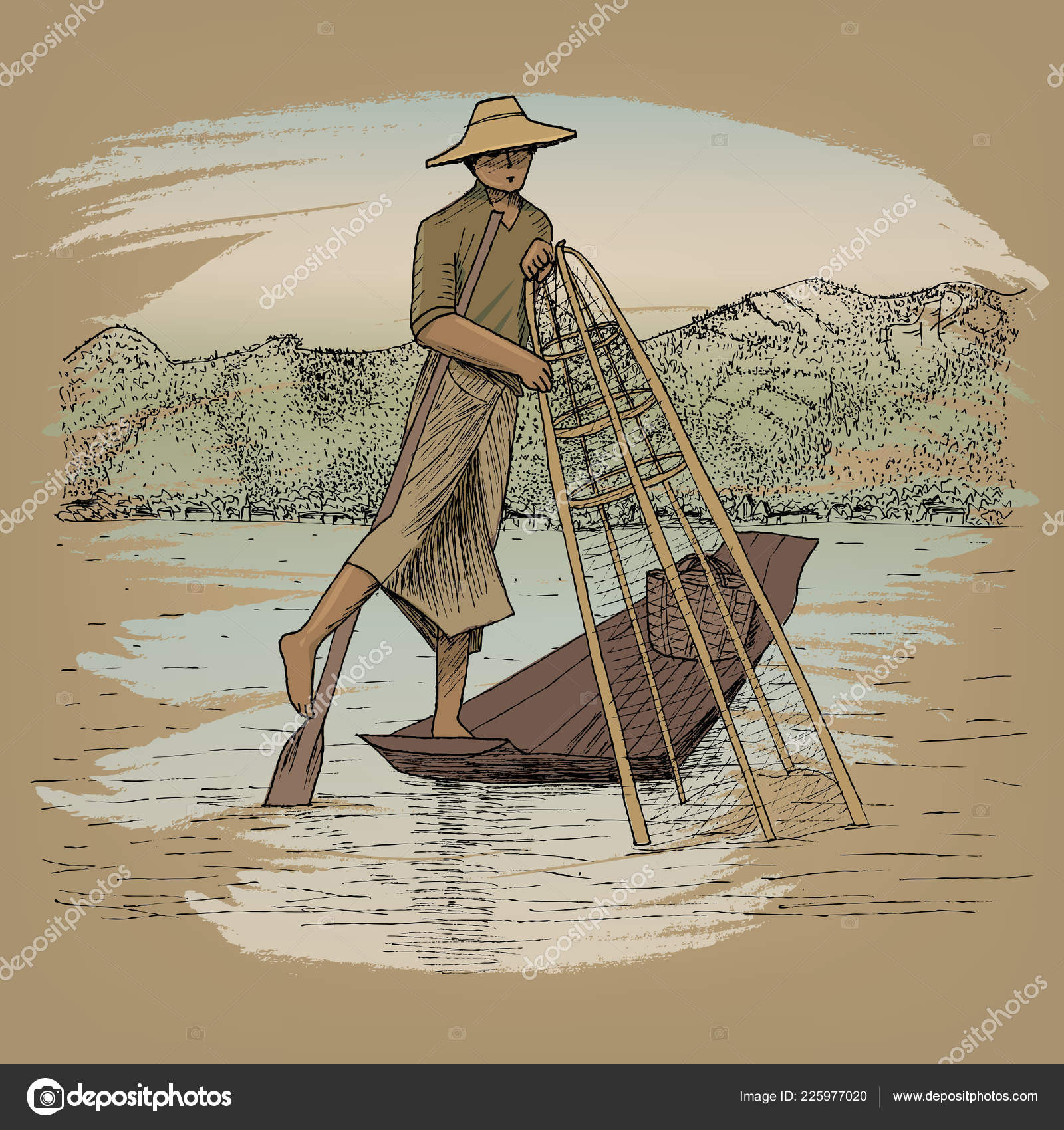 Asian Fisherman Catching Fish Standing Boat Net Stock Vector by ©virivlev  225977020