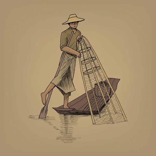 Asian Fisherman Catching Fish Standing Boat Net — Stock Vector