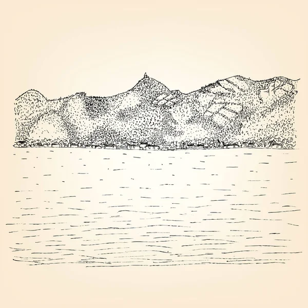 Lago Desenhado Mão Com Ondulações Montanhas Fundo — Vetor de Stock