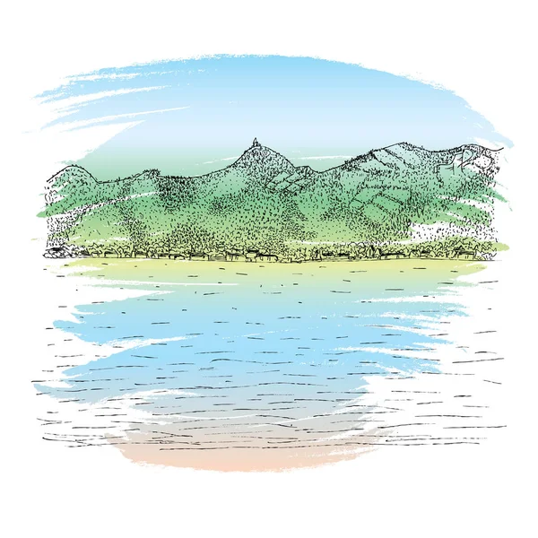 Lago Desenhado Mão Com Ondulações Montanhas Fundo — Vetor de Stock