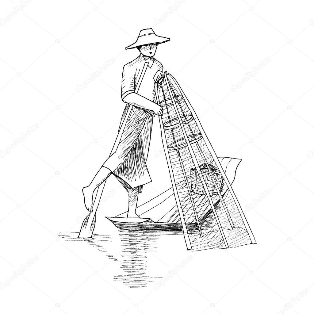 Asian fisherman catching fish standing in boat with net