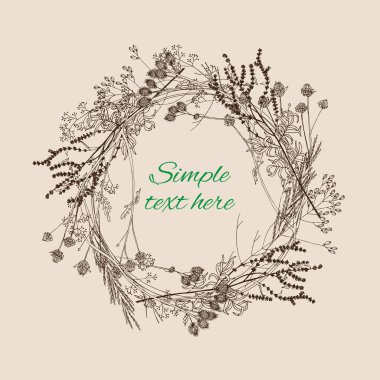 Çelenk çiçek ve otlar. Çizilmiş vektör çizim el.