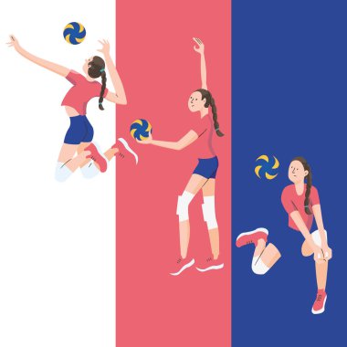 Üç renkli bir arka planda voleybol kızları. Vektör çizimi.