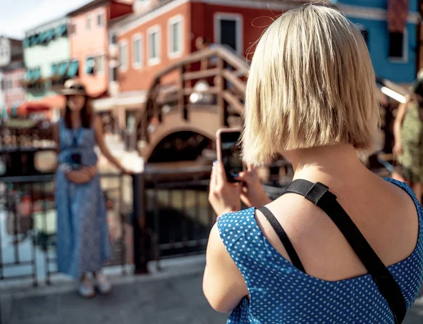 Two Travel Girls Making Photo Each Other Burano Island Venice — Stock Photo, Image
