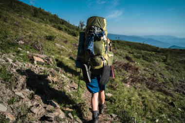 Dağlarda yolda yürüyen yolcu kadın. Karpatlar, Ukrayna