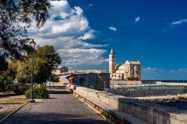 Trani 'deki San Nicola Pellegrino' nun güzel Roma Katedrali Bazilikası. Kireç taşından yapılmış, pembe ve beyaz. Çan kulesinin altında sivri bir kemer. Puglia, Bari, Barletta 'da