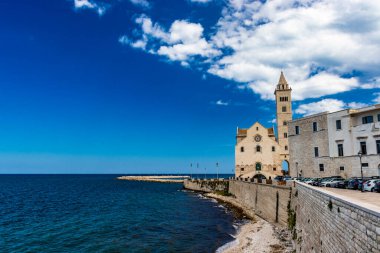 Trani 'deki San Nicola Pellegrino' nun güzel Roma Katedrali Bazilikası. Kireç taşından yapılmış, pembe ve beyaz. Çan kulesinin altında sivri bir kemer. İtalya, Puglia, Bari, Barletta