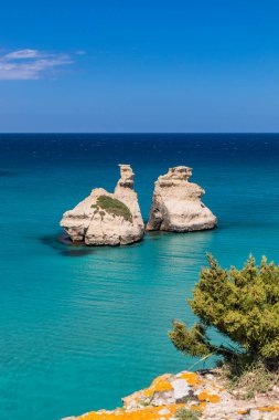 Torre dell 'Orso körfezi, yüksek uçurumları, Salento, Puglia, İtalya. Turkuaz deniz ve mavi gökyüzü, yazın güneşli bir gün. 