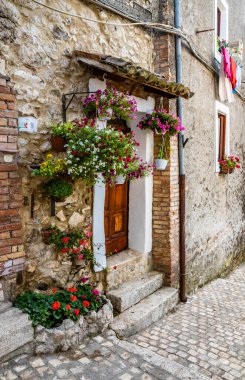 7 Temmuz 2019 - Artena, Roma, İtalya - Artena antik köyünün karakteristik evleri, merdivenleri, dar kaldırım taşları ve taş sokakları. Çiçeklerle süslenmiş balkonlar ve kapılar.