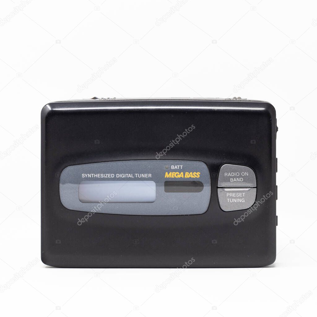 Vintage audio player. Old fashioned portable cassette player, cult object, icon and symbol of the 80s and 90s. Isolated on white background.