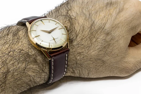 Een Oud Gouden Mechanisch Polshorloge Met Handmatige Wikkeling Antiek Horloge — Stockfoto