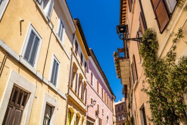 30 Haziran 2019 Amelia, Umbria, Terni, İtalya Amelia şehrinde dar bir sokak. Kapalı ve açık panjurlu pencereler, kapılar ve çiçekli balkonlar. Duvarda bir tırmanma tesisi.