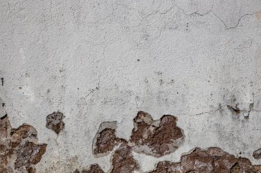 Gri duvar zaman, kötü hava ve nem yüzünden mahvoldu. Çatlaklar, küf, soyulmuş boya ve alçı. Tuğlalar açıldı. Doku, malzeme arkaplan.