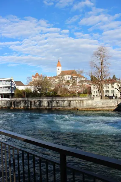 Kilátás Aar Folyóra Naplementekor Thunban Thun Egy Svájci Város Bern — Stock Fotó