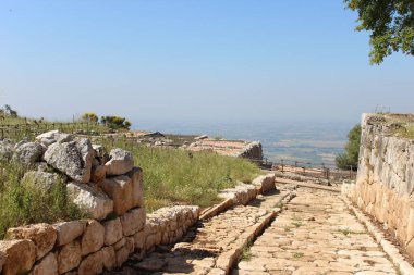 Latina, Lazio, İtalya 'nın antik kenti Norba Latina' nın arkeolojik sahasında. Taş duvarların ve kaldırım taşı sokakların kalıntıları..