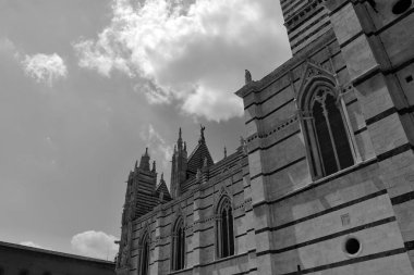 İtalya 'nın ortaçağ şehri Siena, Toskana' ya bir göz atalım. UNESCO mirası. Campaniel ve büyük gül pencereli görkemli siyah beyaz mermer katedral..
