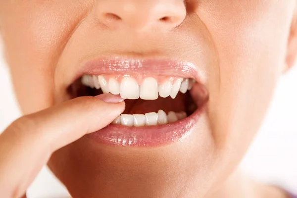 Sexy Natural Lips White Teeth Biting Finger — Stock Photo, Image