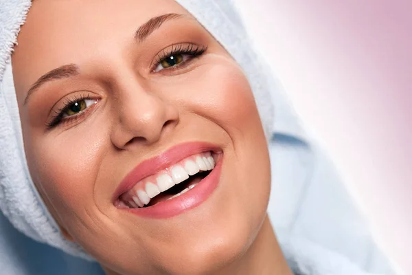 Beautiful Spa Woman Bathrobe Smiling — Stock Photo, Image