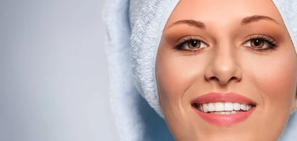 Beautiful Young Woman White Bathrobe Towel Smiling — Stock Photo, Image