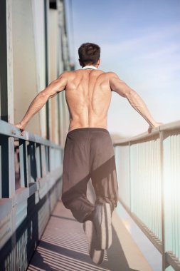 Triceps dips arkadan görünüm köprünün korkuluk üzerinde yapan uygun erkek