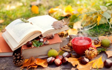 Açık kitap ve sonbahar yaprakları ile çevrili çay fincan sıcak