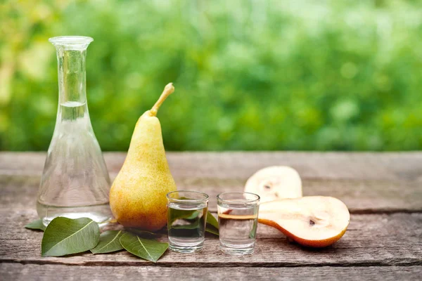 Fruit Brandy Shot Glass Fresh Pear Table — Stock Photo, Image