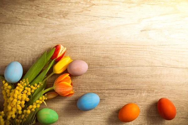 Colored Easter eggs on table over sunny spring day, Easter banner