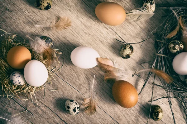 eggs on wooden background, different kinds of Easter eggs