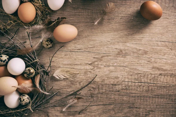 Ρουστίκ σανίδα με διαφορετικό είδος αυγών στη φωλιά, πτηνοτροφείο — Φωτογραφία Αρχείου