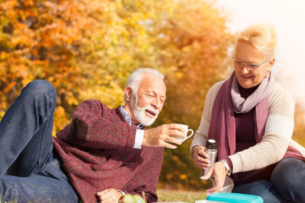 Starší dvojice si užívají piknik v podzimní parku — Stock fotografie