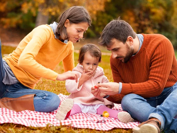 Família feliz se divertindo no piquenique — Fotografia de Stock